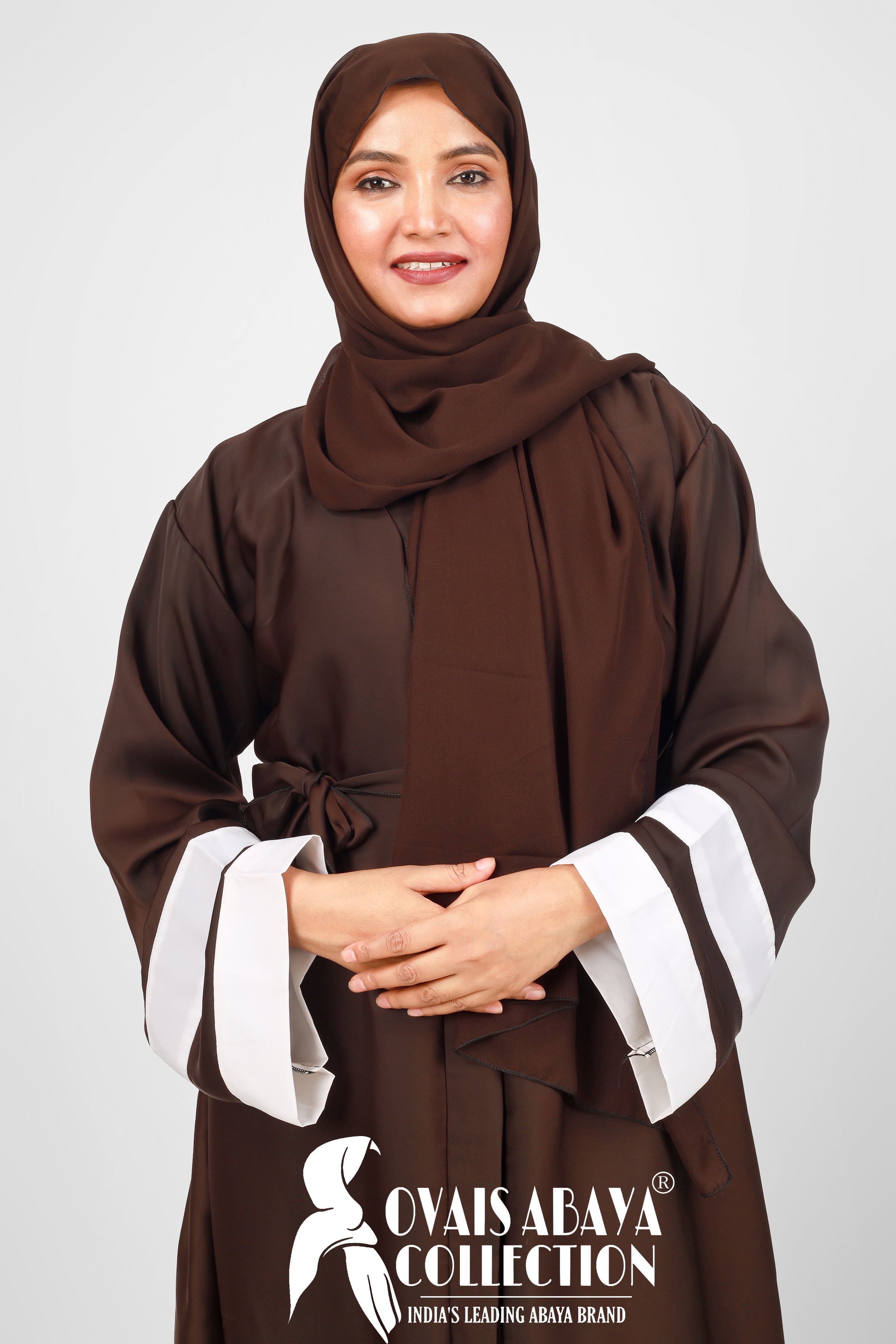 Haima Front Open Contrast Sleeve Abaya ( BROWN )