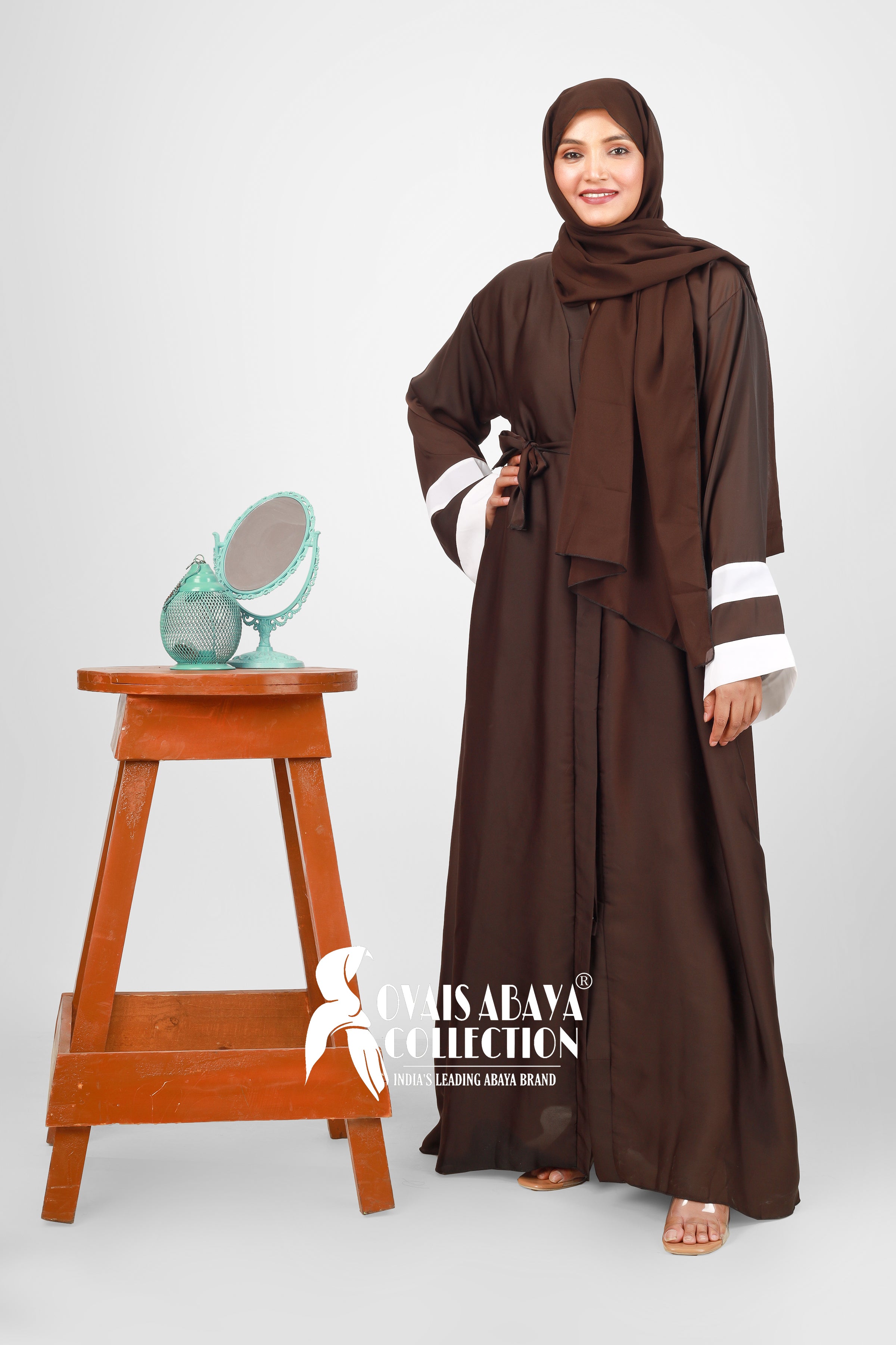 Haima Front Open Contrast Sleeve Abaya ( BROWN )