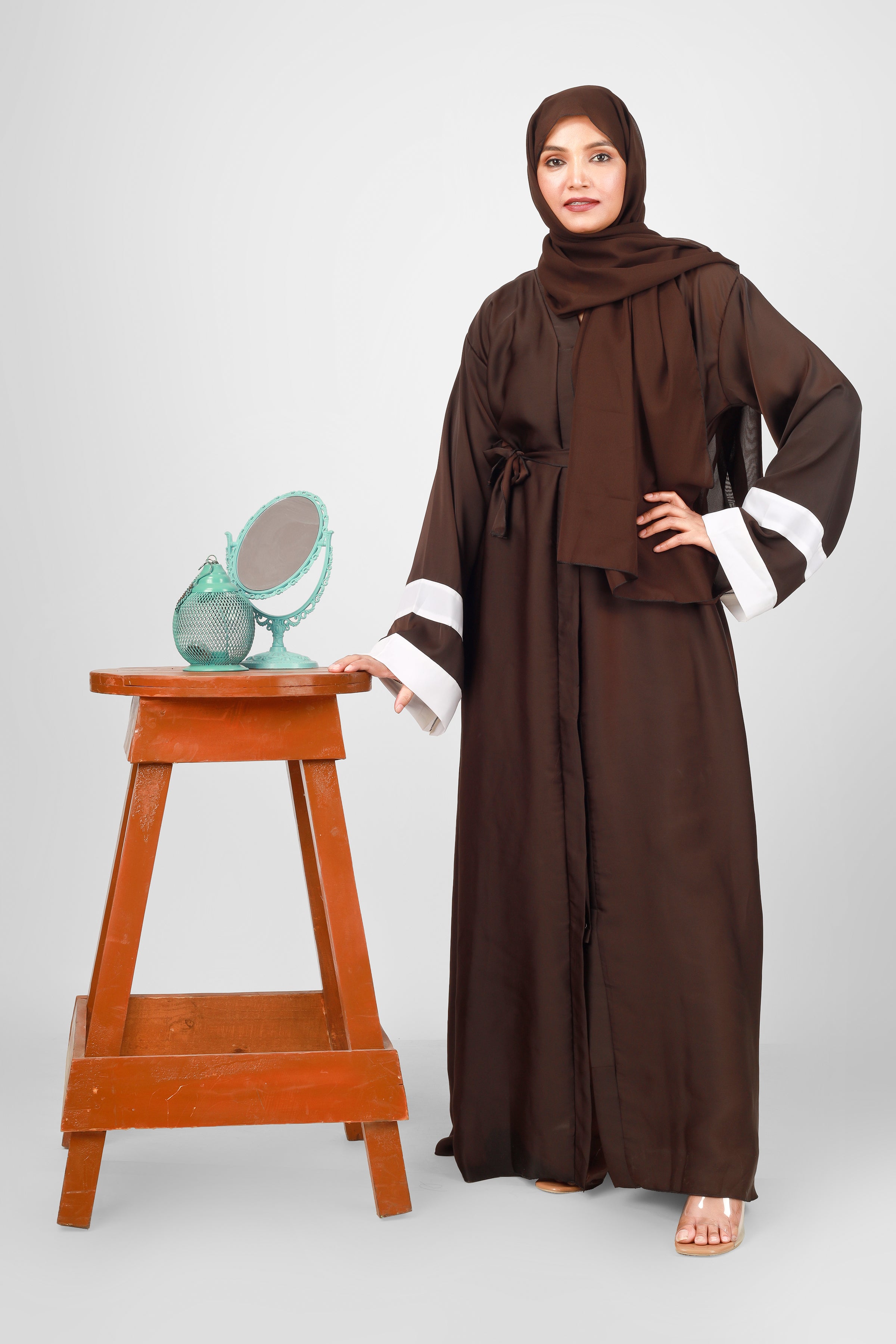 Haima Front Open Contrast Sleeve Abaya ( BROWN )