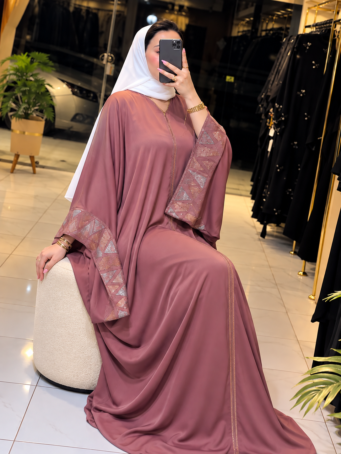 REEM STONE WORK ABAYA | PINK