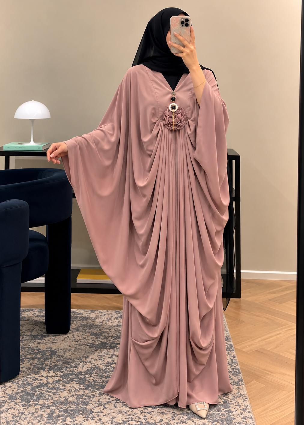 ZARYAB PLEATED KAFTAN ABAYA | PEACH