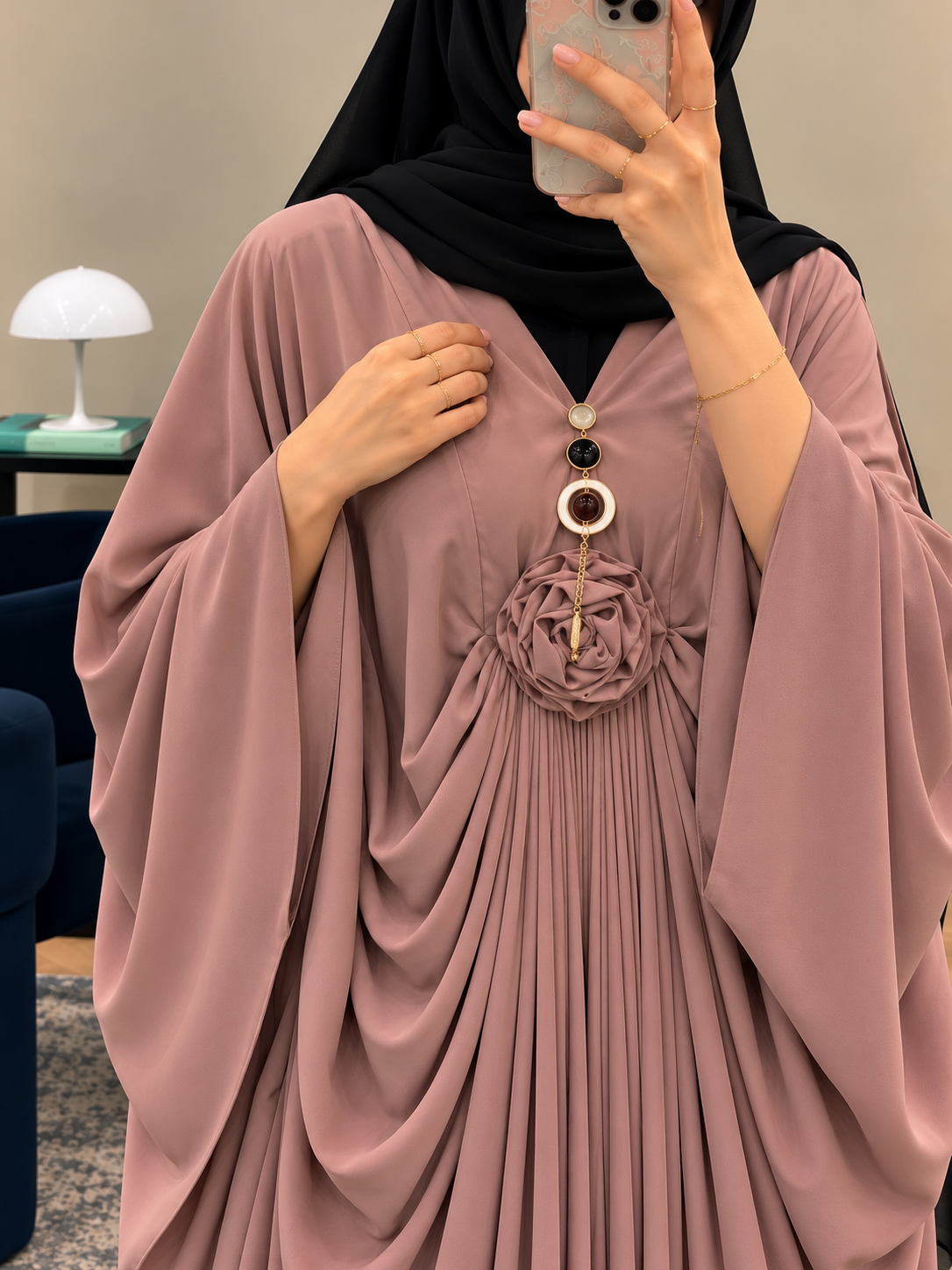 ZARYAB PLEATED KAFTAN ABAYA | PEACH