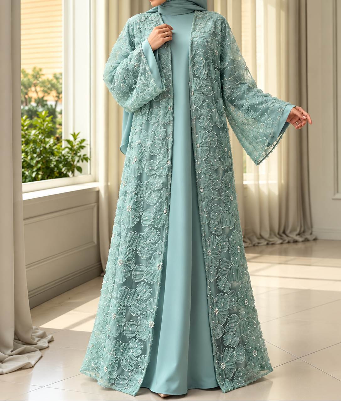 ELINA FLORAL DS ABAYA | SEA GREEN