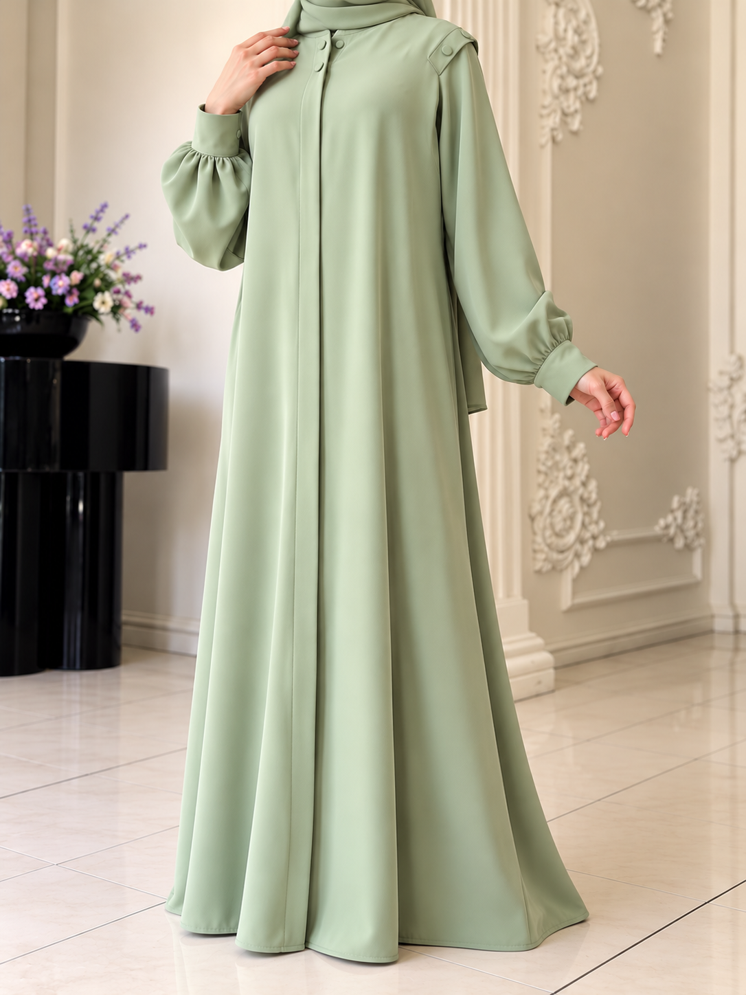 SENEM FRONT OPEN ABAYA | SAGE GREEN
