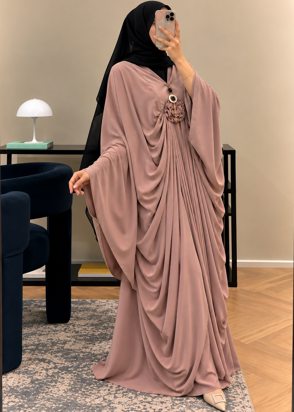 ZARYAB PLEATED KAFTAN ABAYA | PEACH