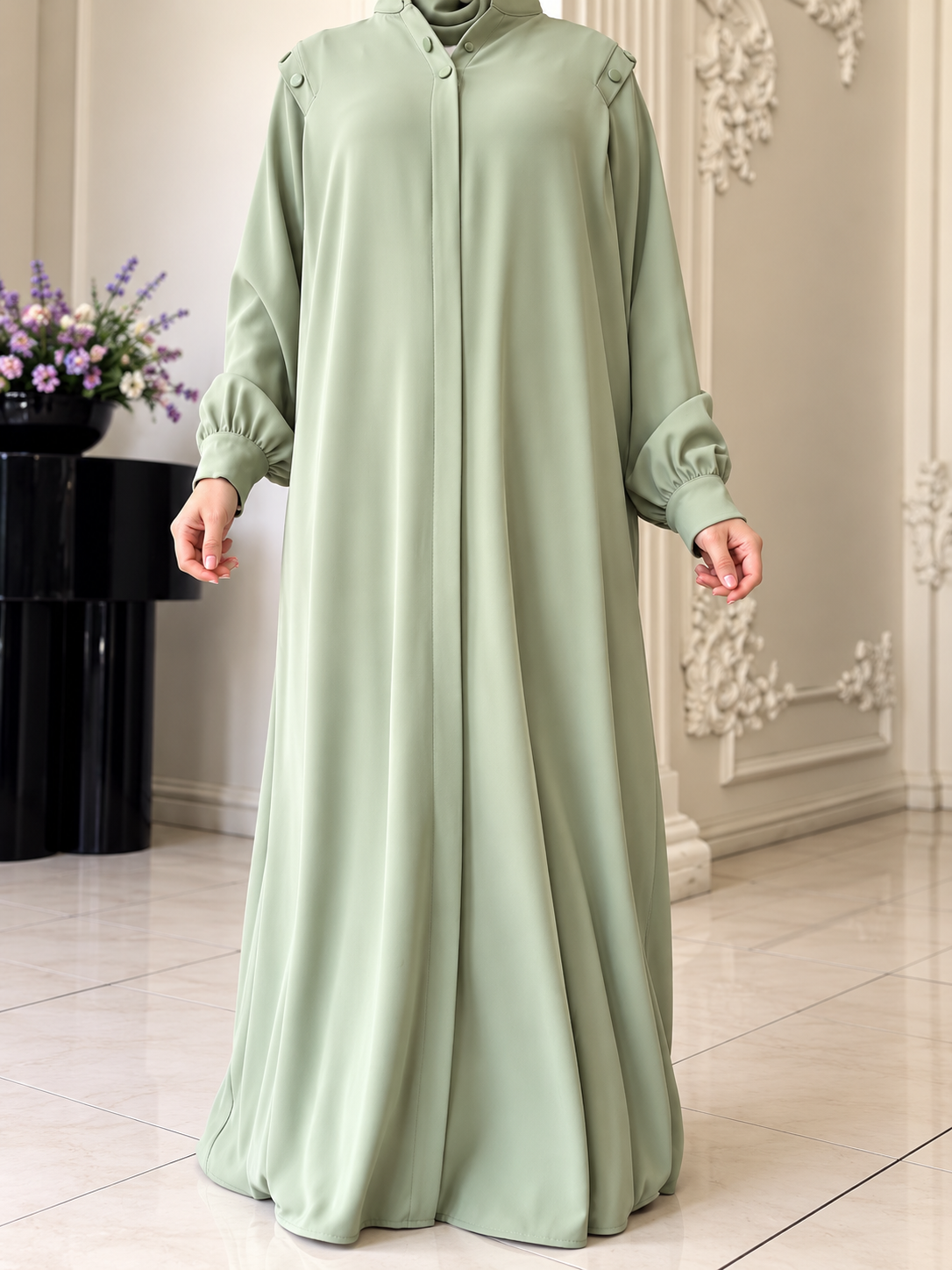 SENEM FRONT OPEN ABAYA | SAGE GREEN