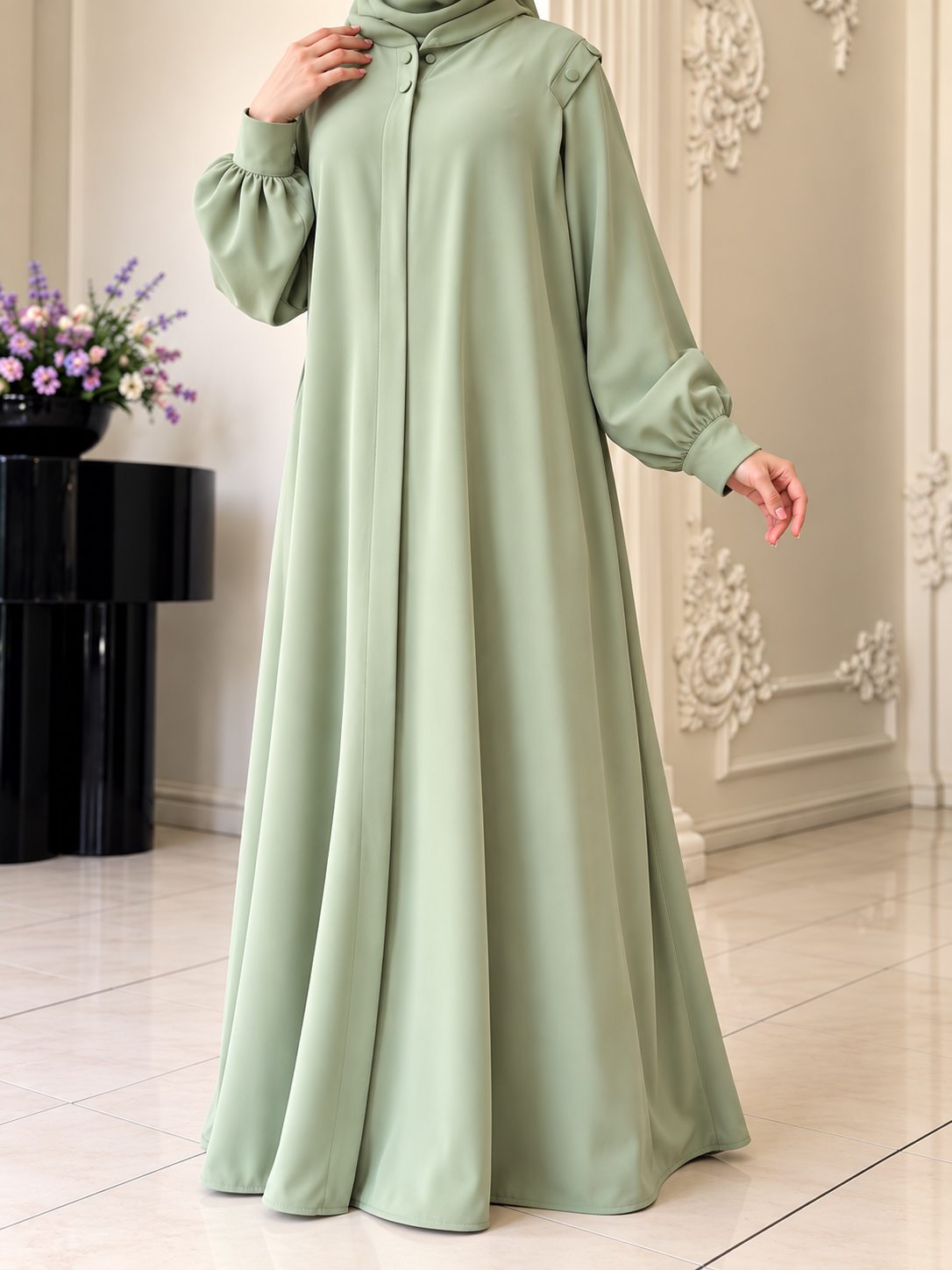SENEM FRONT OPEN ABAYA | SAGE GREEN