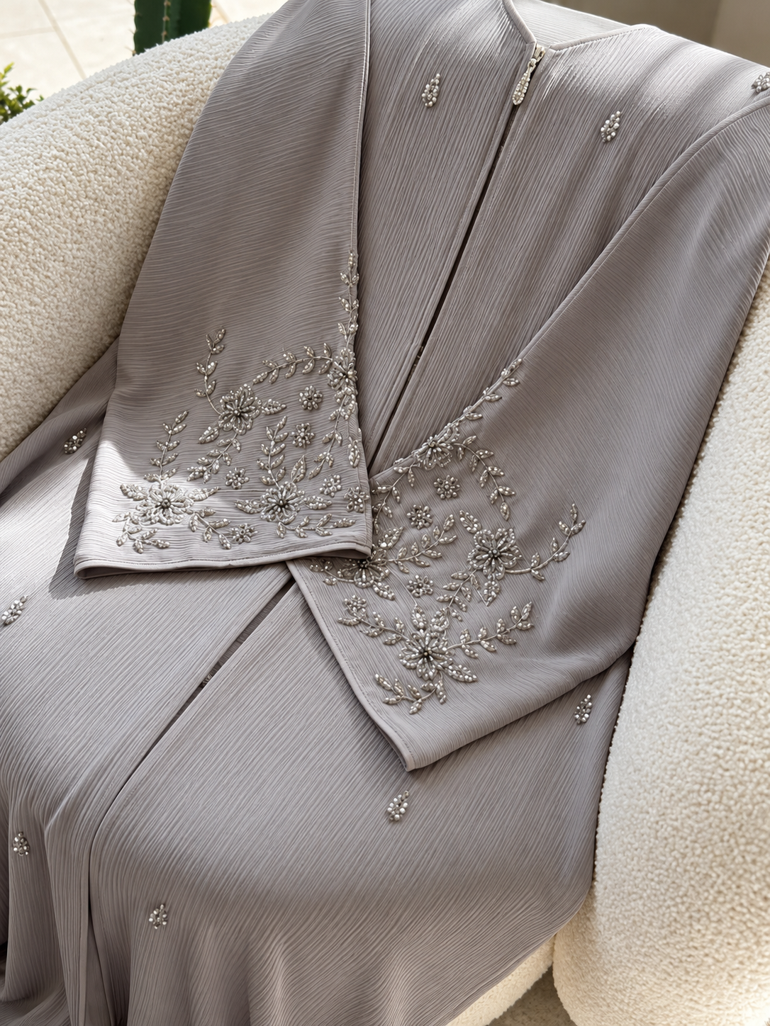 GULMEHER FRONT OPEN ABAYA | SAND GRAY