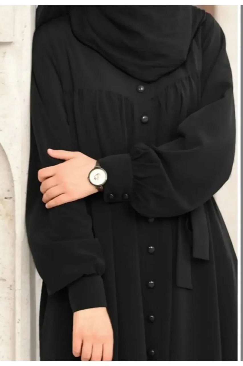 Beautiful Frill Plates Work Buttons Abaya BLACK  ( LIMITED - STOCK )