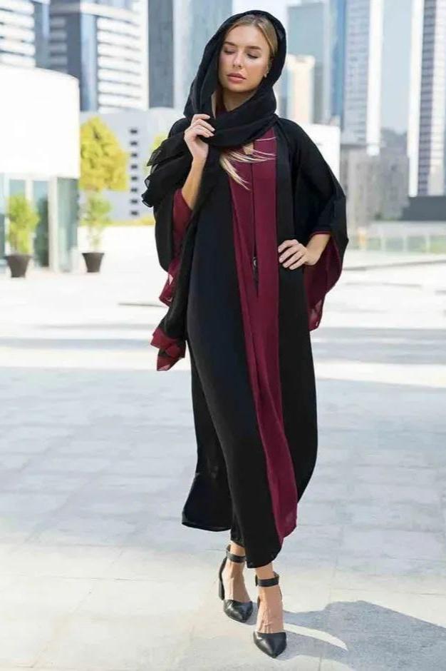 Imported Cimono Abaya BLACK TO MAHROON ( New - Edition )