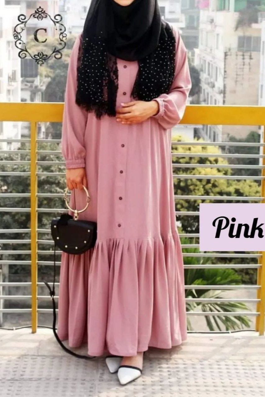 5050 : ARO Frill & Buttons work Abaya - ( PINK )