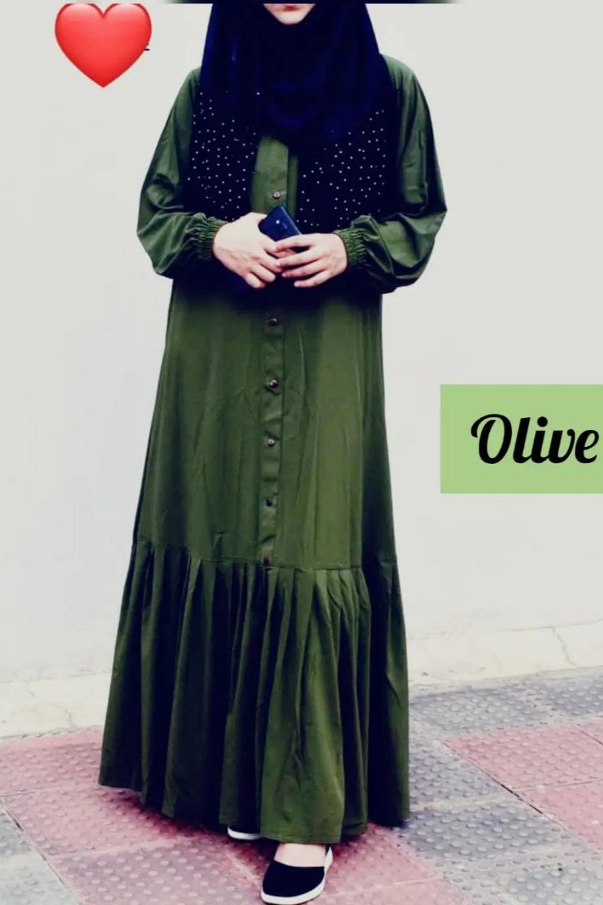 5050 : ARO Frill & Buttons work Abaya - ( OLIVE )