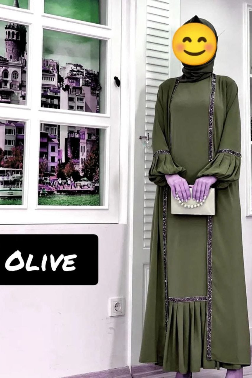 Aliya Double Shrugs Lace Abaya OLIVE ( New - Edition )