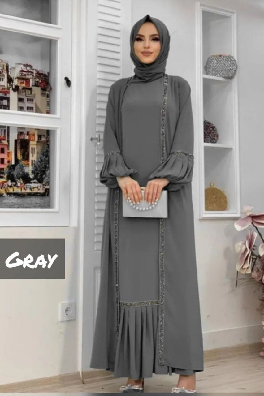 Aliya Double Shrug Lace Abaya DARK GRAY ( New - Edition )