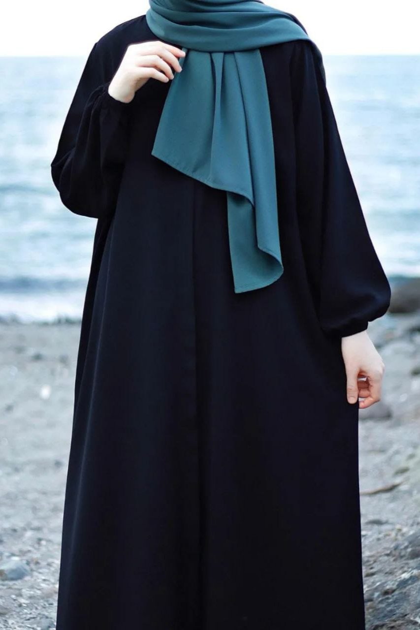 7754 - Turkish Front Open Basic Lastic Sleeve Abaya