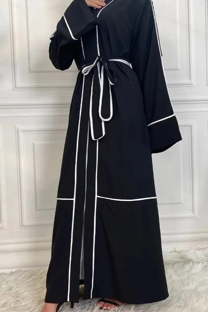 FRONT OPEN BELT WHITE PIPING ABAYA