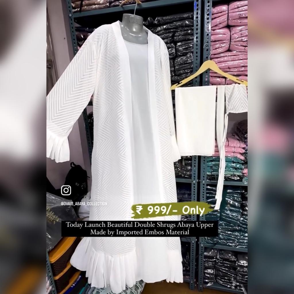 Spl White Embos Double Shrugs Abaya ( Umrah Collection )