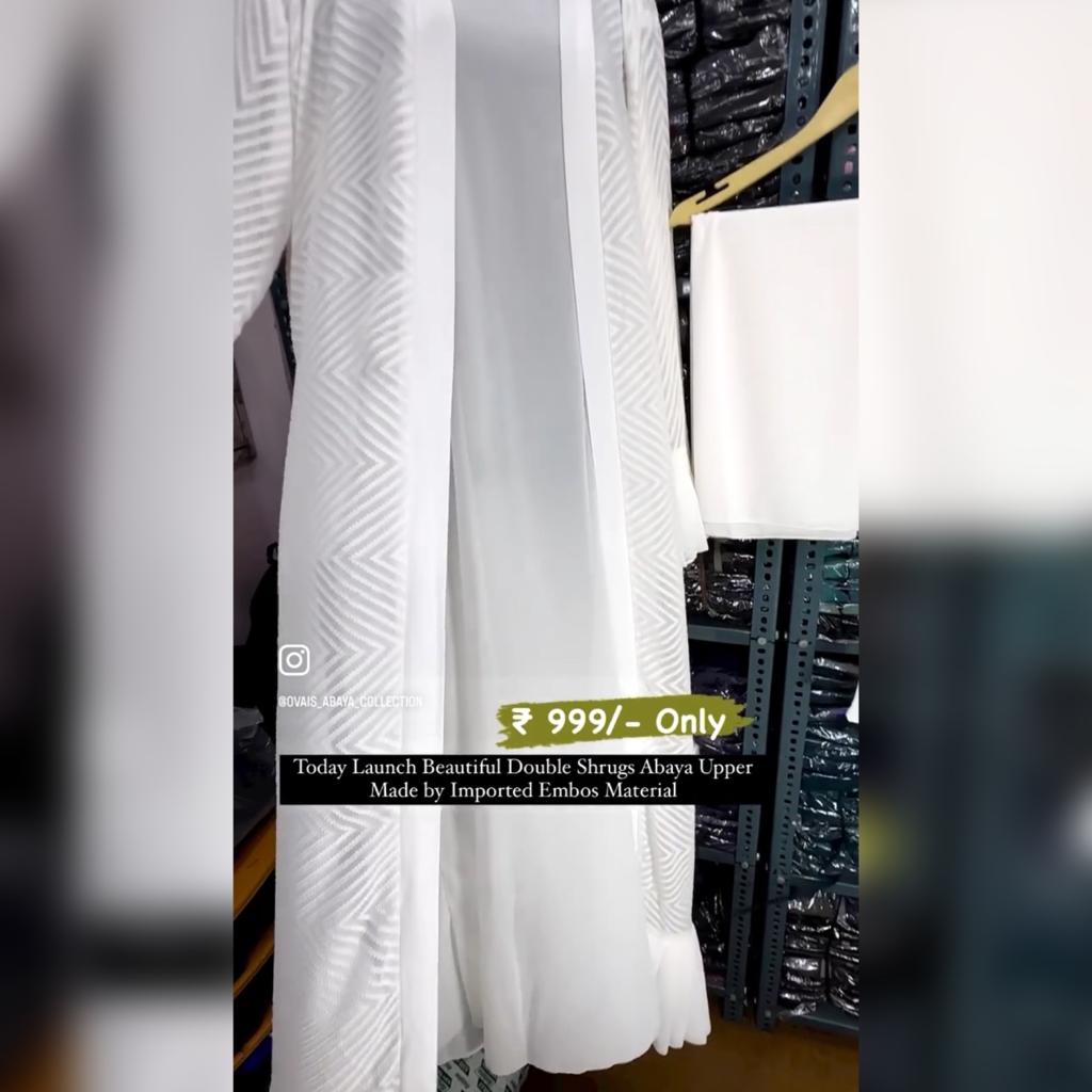 Spl White Embos Double Shrugs Abaya ( Umrah Collection )