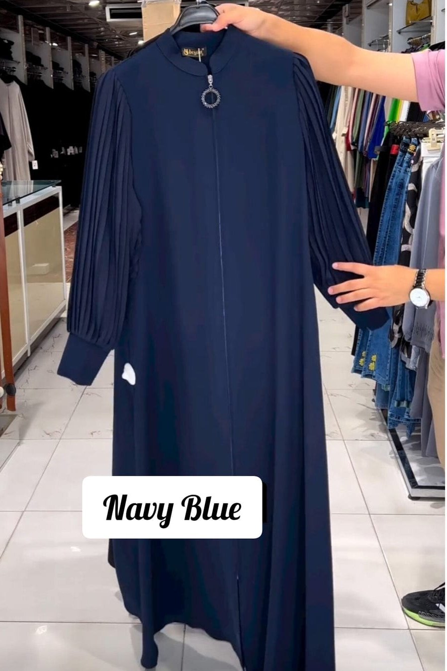 Imported Iram Zipper Abaya With Zebra plated Cuffed Sleeve ( NAVY BLUE )