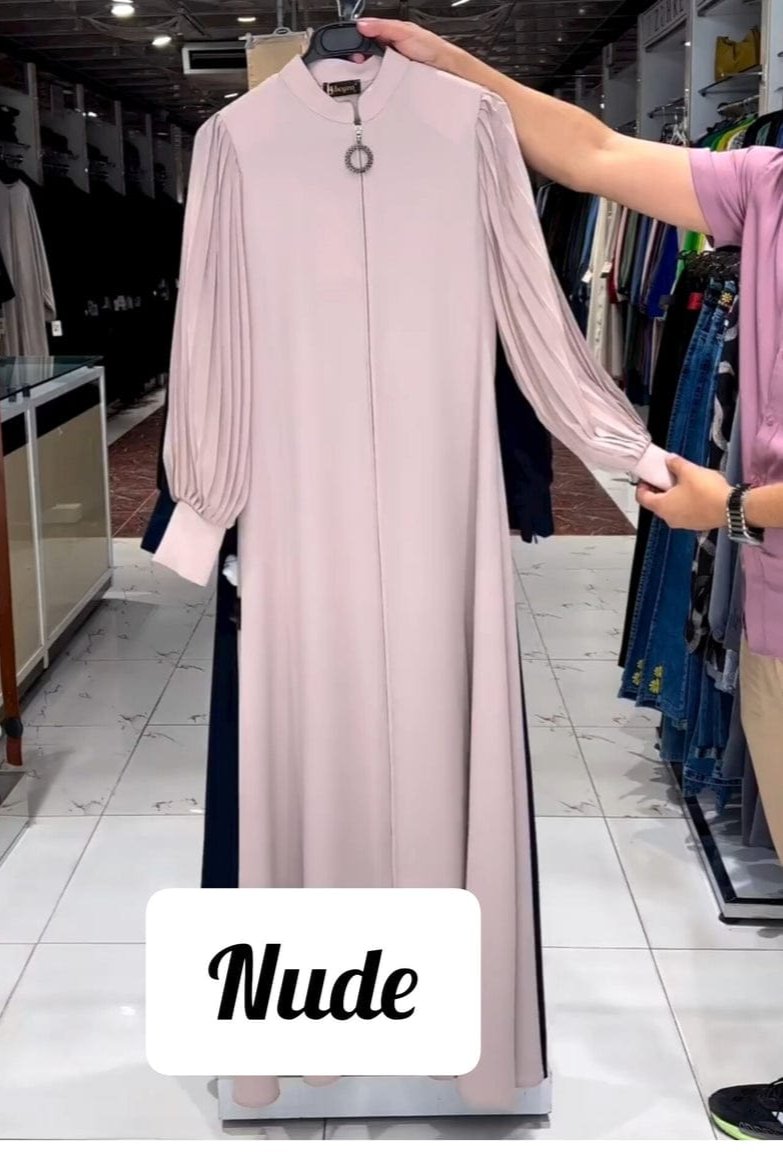 Imported Iram Zipper Abaya With Zebra plated Cuffed Sleeve ( NUDE )