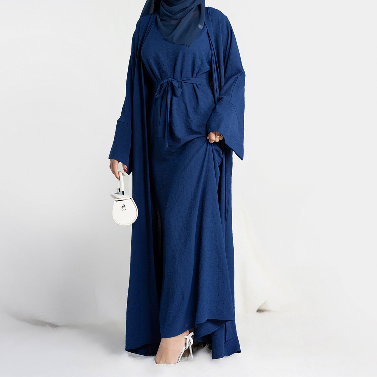 Original Dubai Crush Double Shrugs Abaya MICRO BLUE  ( Lemeted - Stock )