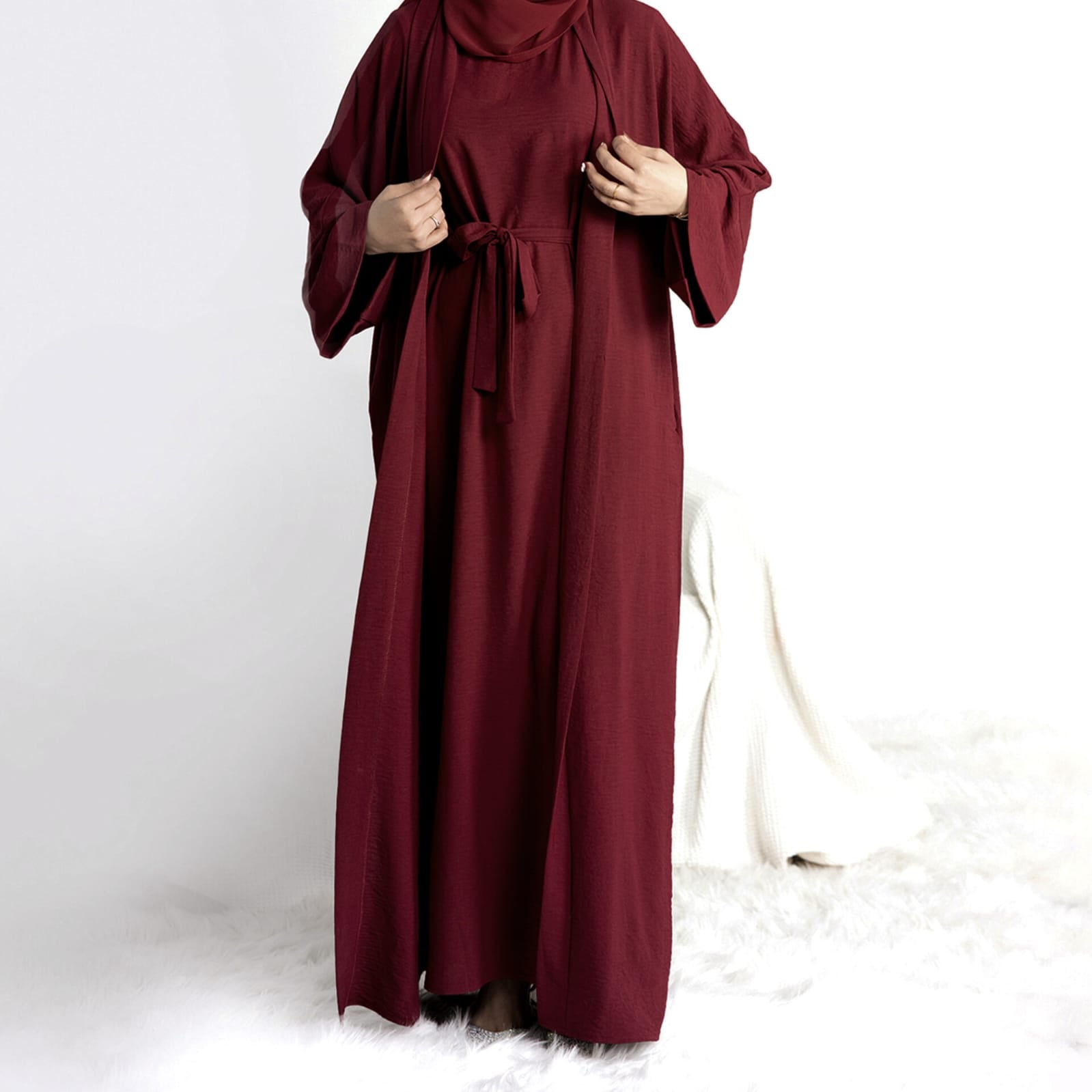 Original Dubai Crush Double Shrugs Abaya DARK MAHROON ( Lemeted - Stock )