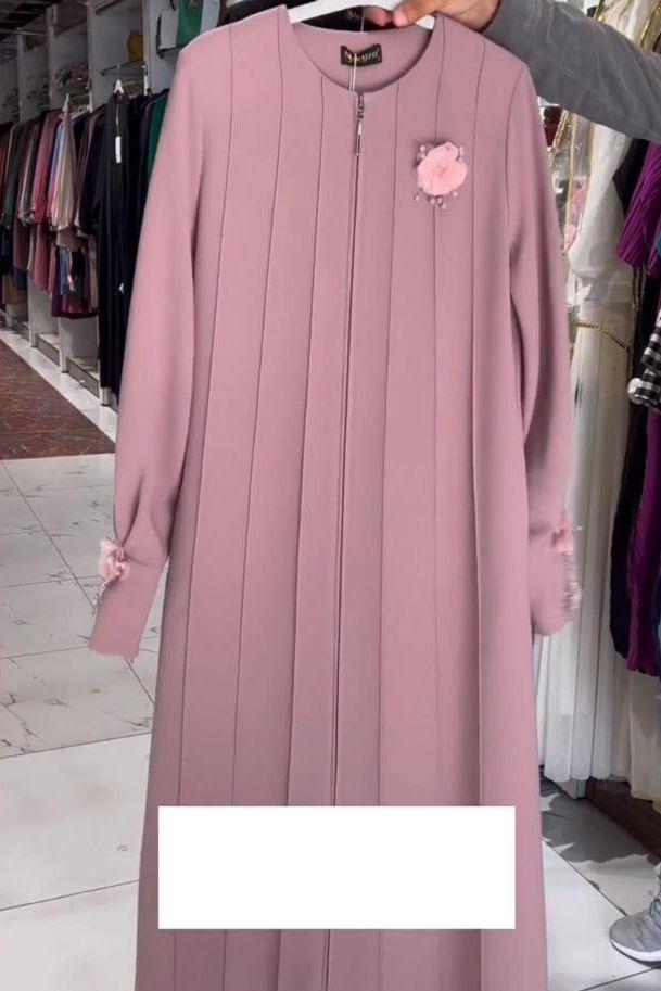 Imported Zoha Zipper Pintex Abaya With Beautiful Brooch & Cuffed Sleeve - PINK