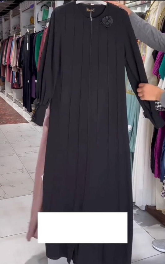 Imported Zoha Zipper Pintex Abaya With Beautiful Brooch & Cuffed Sleeve - BLACK