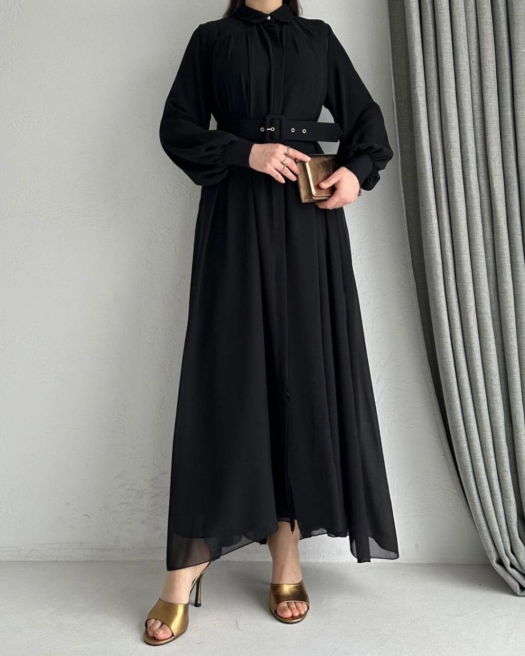 Noor Stylish Belt Front Open Collar Abaya BLACK ( NEW LAUNCH )