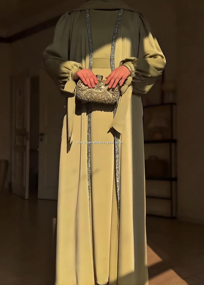BISMA DOUBLE SHRUG ABAYA | PISTA GREEN