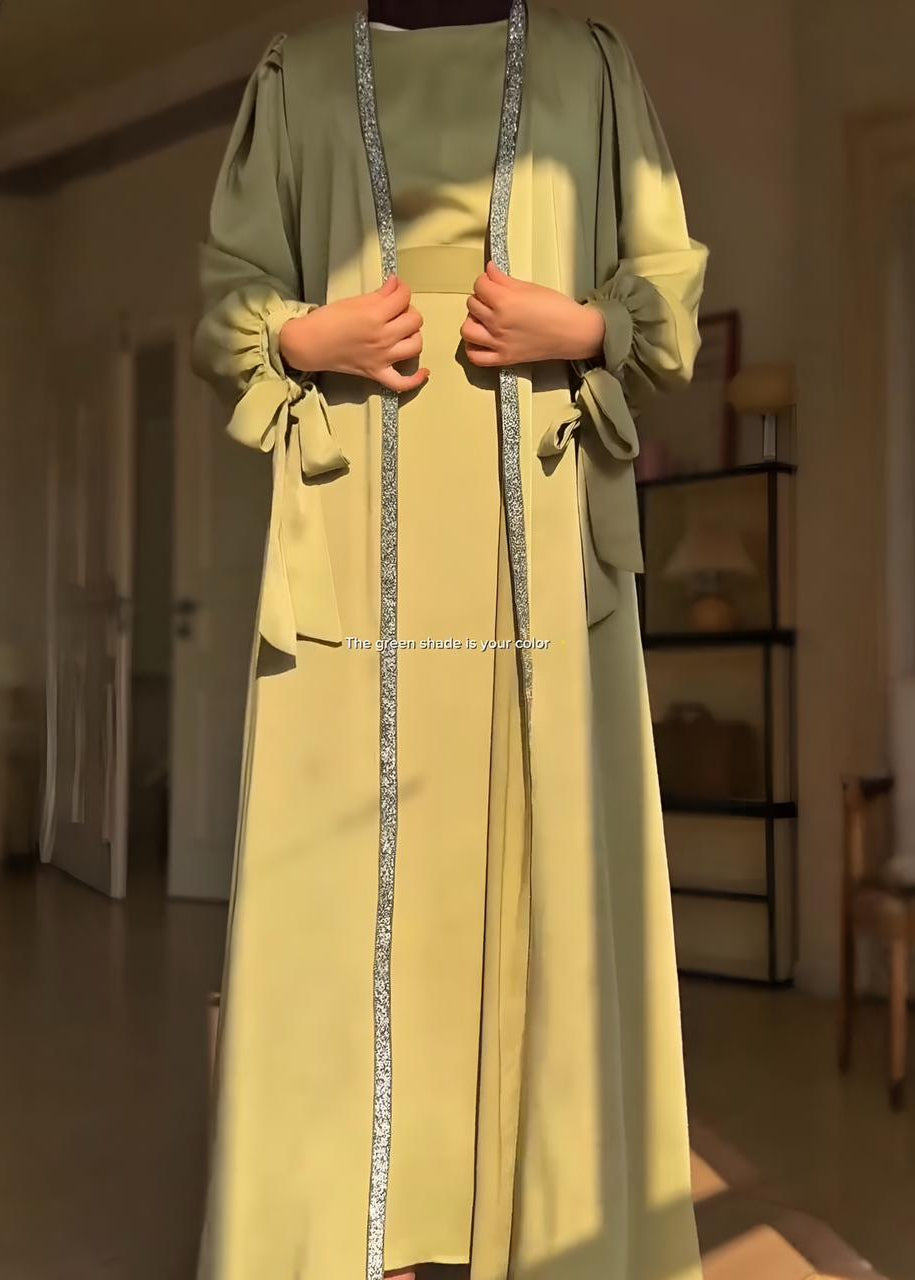 BISMA DOUBLE SHRUG ABAYA | PISTA GREEN