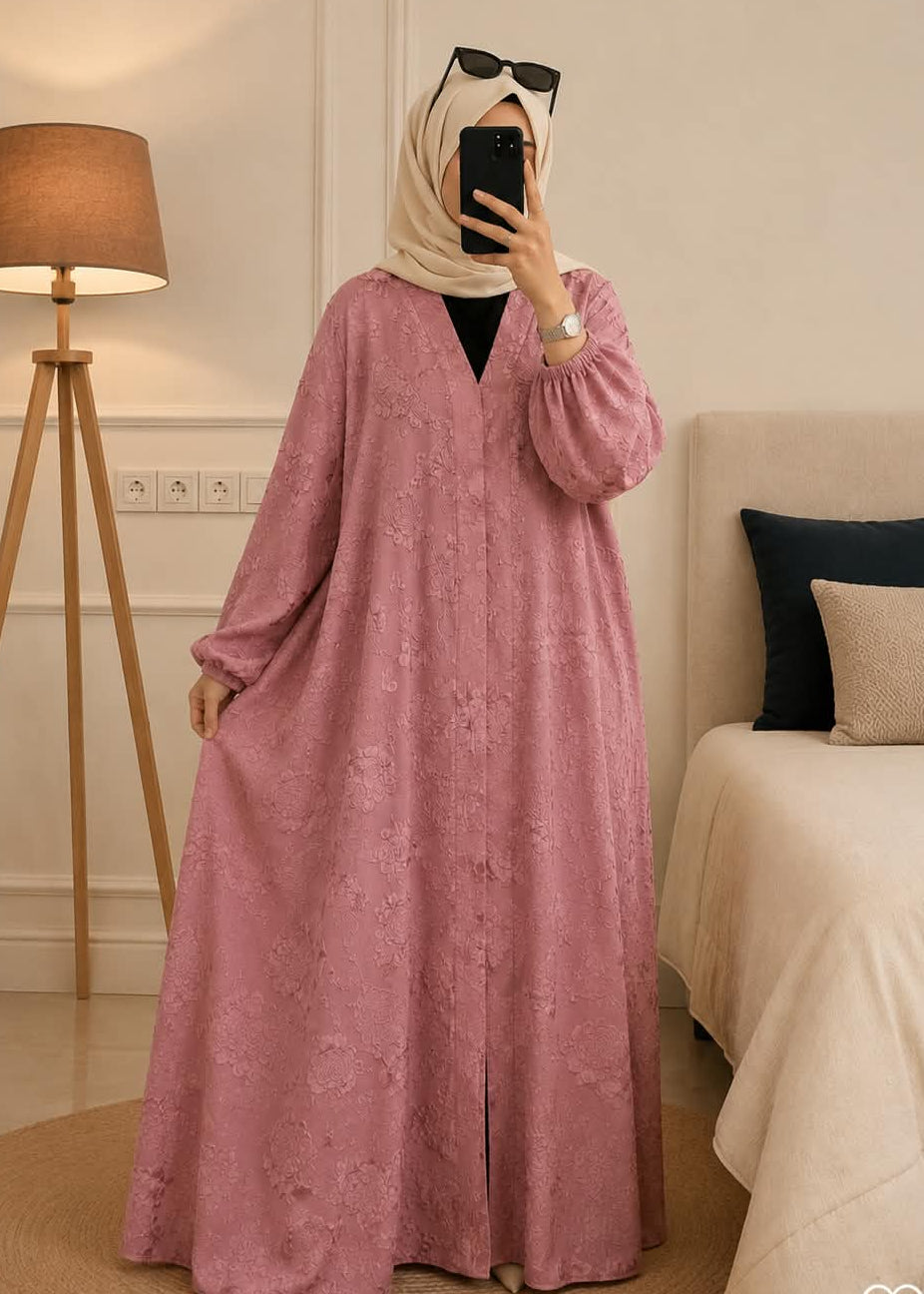 7741 - FUR FRONT OPEN ABAYA | PINK