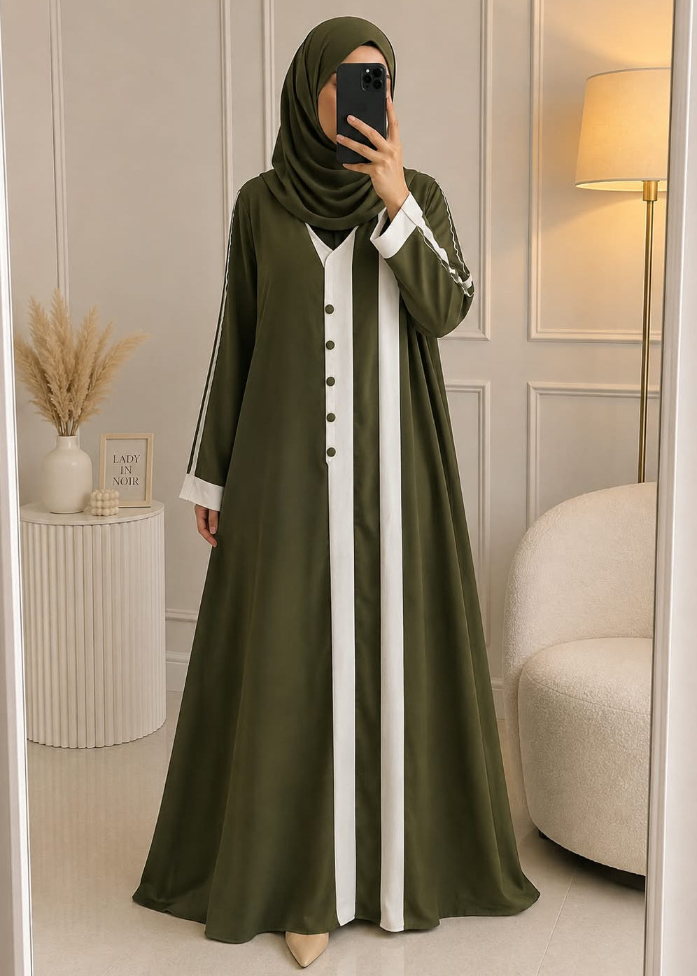 7747 - LINEN BUTTON ABAYA | GREEN