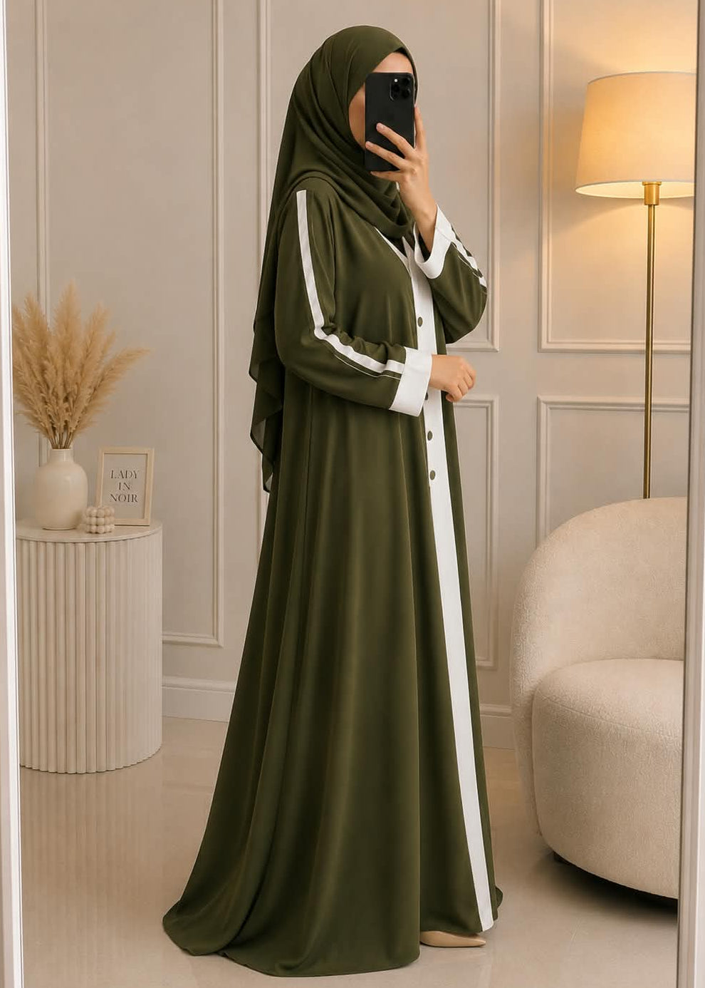 7747 - LINEN BUTTON ABAYA | GREEN
