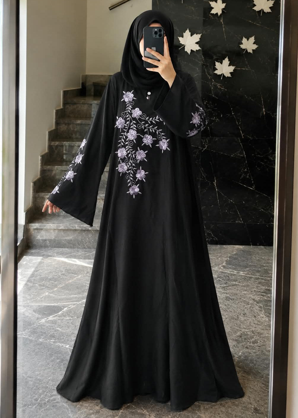 4465 - FLORAL ABAYA | BLACK