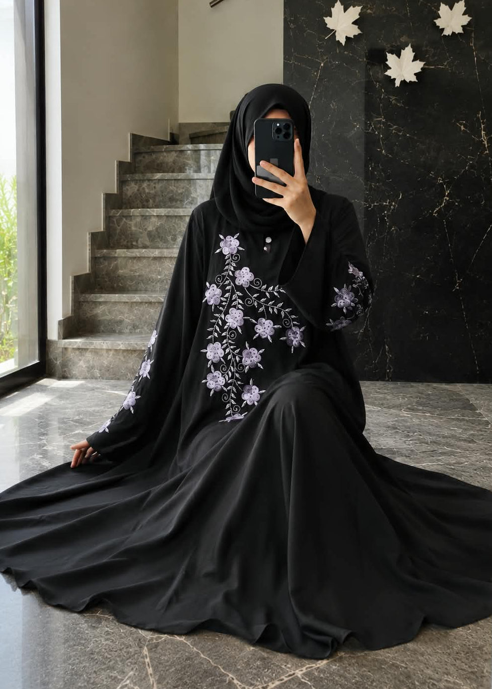 4465 - FLORAL ABAYA | BLACK