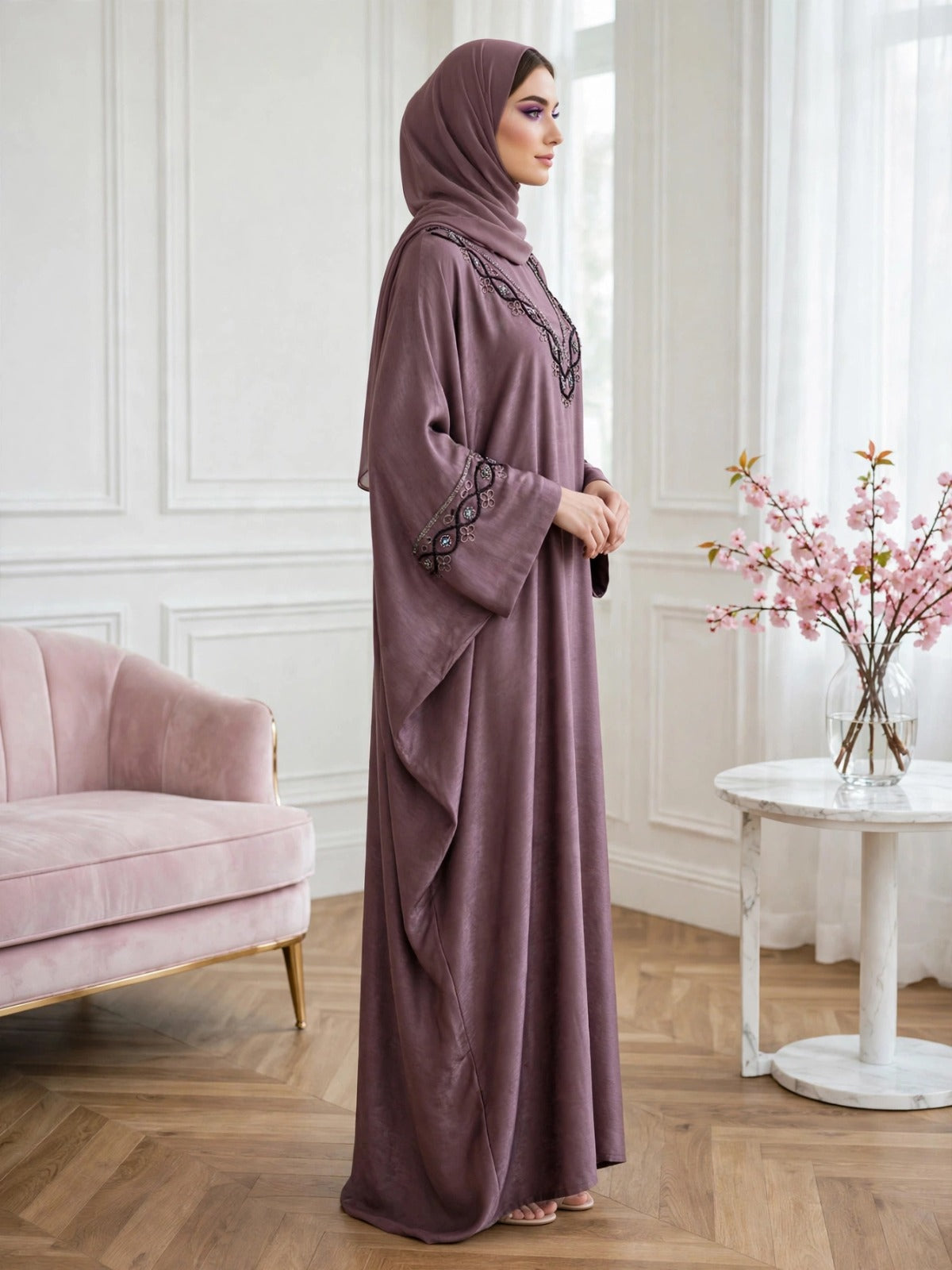 GULAFSHA HANDWORK ABAYA | DUSTY PINK
