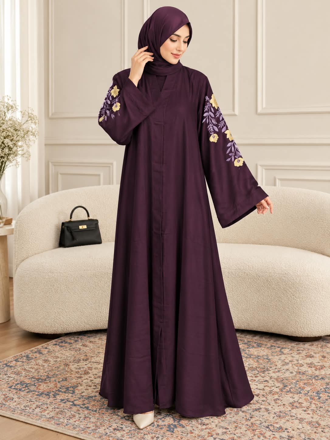 010 - RUKHSAAR FRONT OPEN ABAYA | DARK LAVENDER