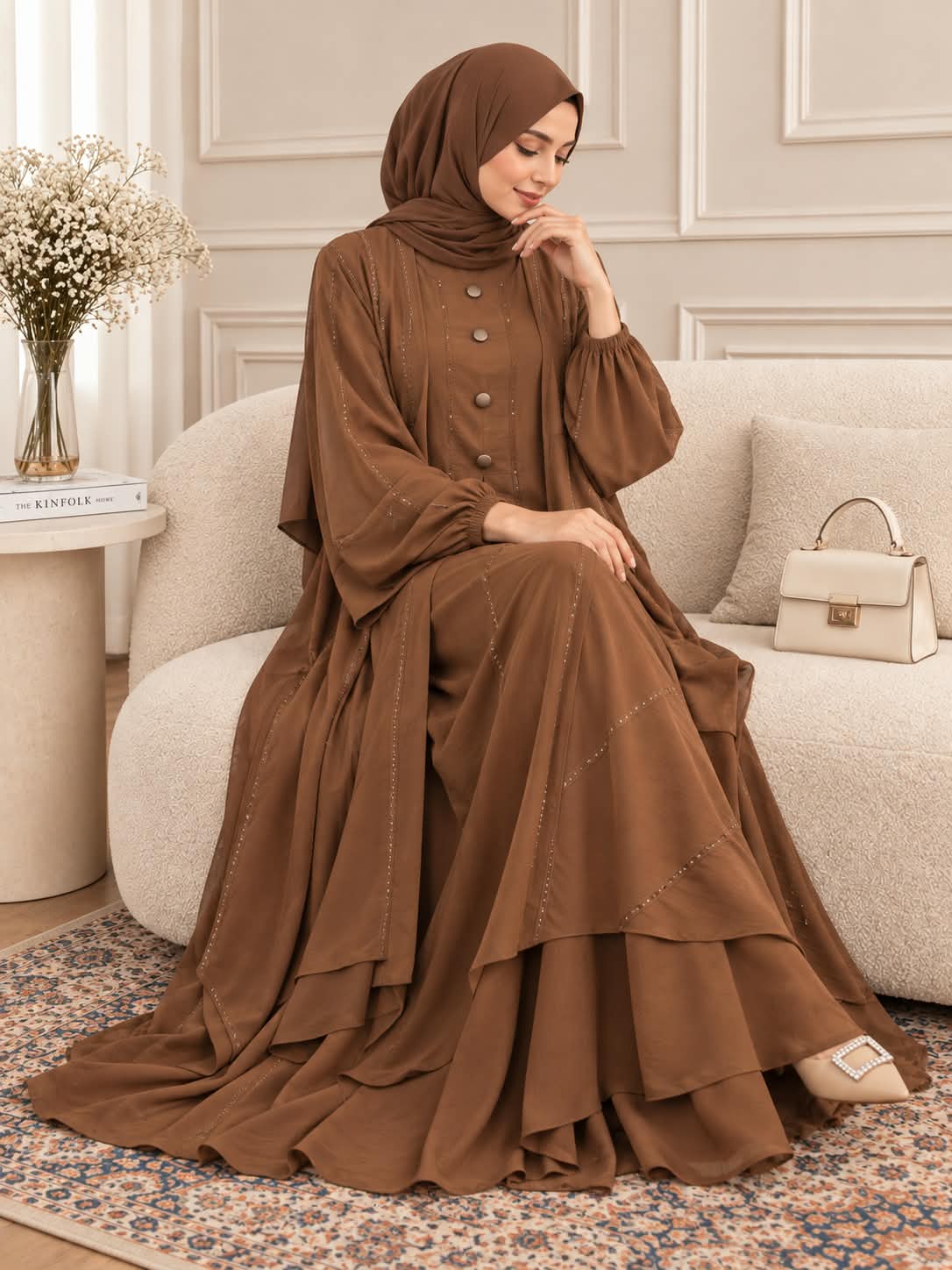 013 - MEHVISH BUTTON ABAYA | CAMEL BROWN