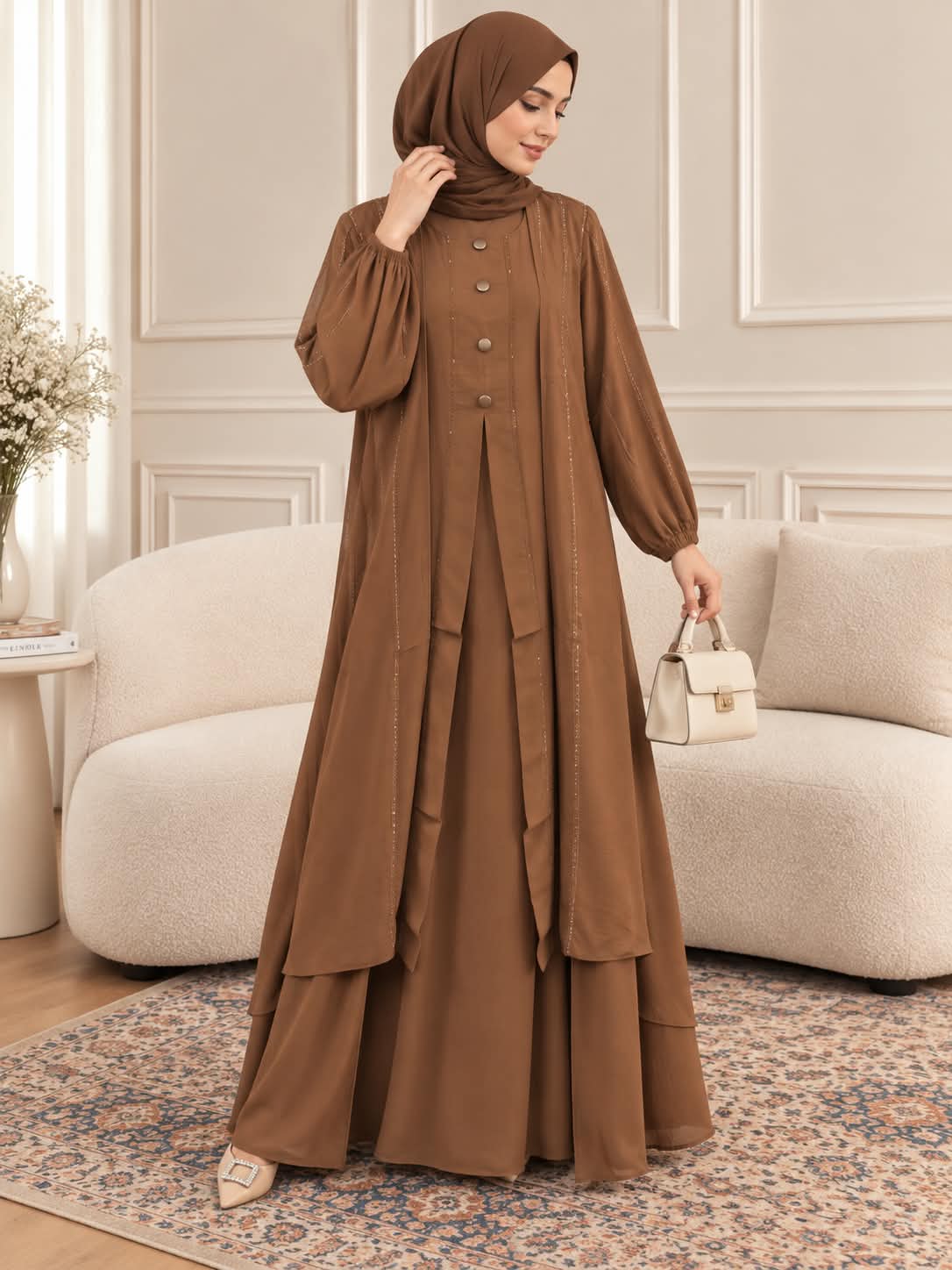 013 - MEHVISH BUTTON ABAYA | CAMEL BROWN