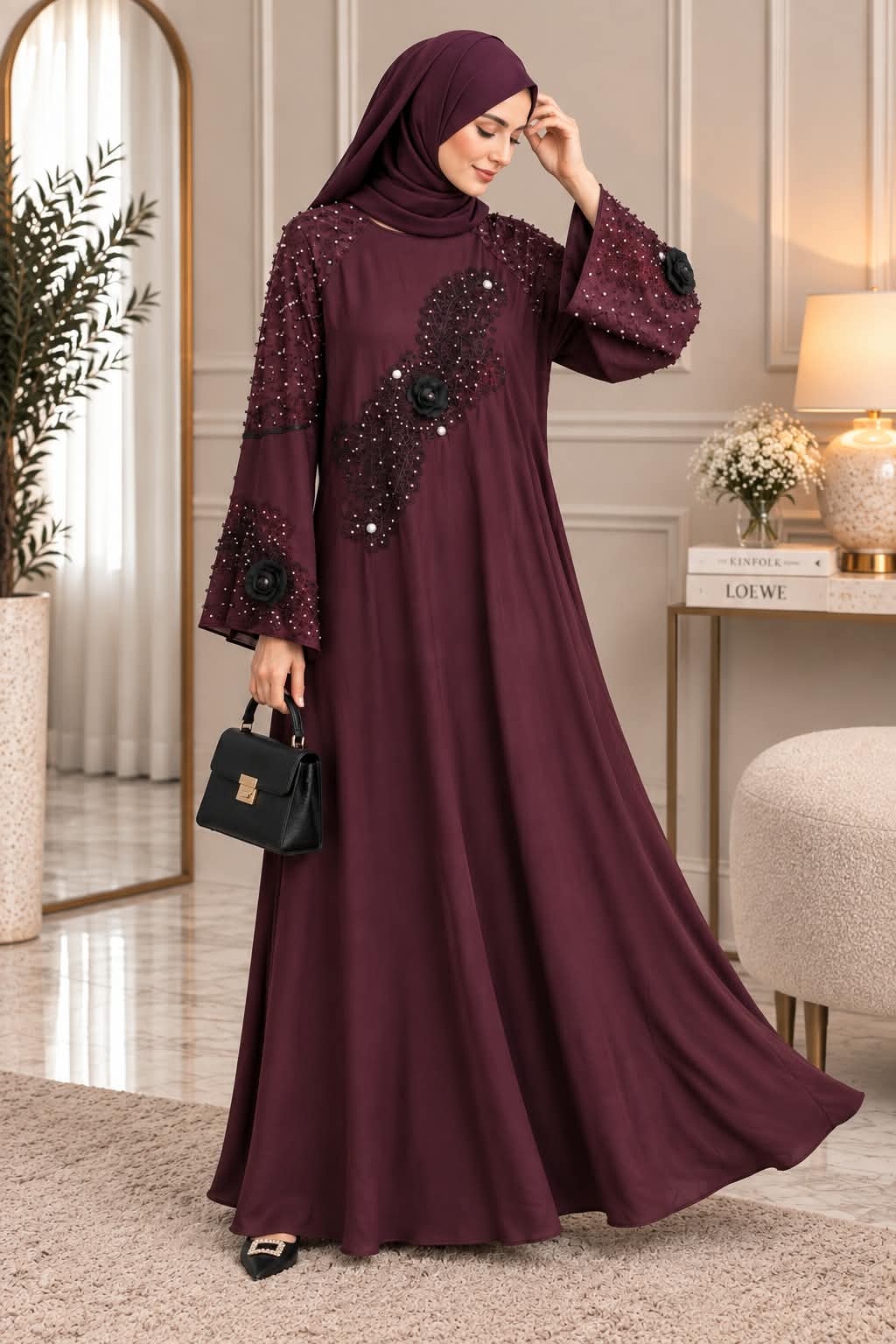 029 - AATIKA STONE WORK ABAYA | WINE