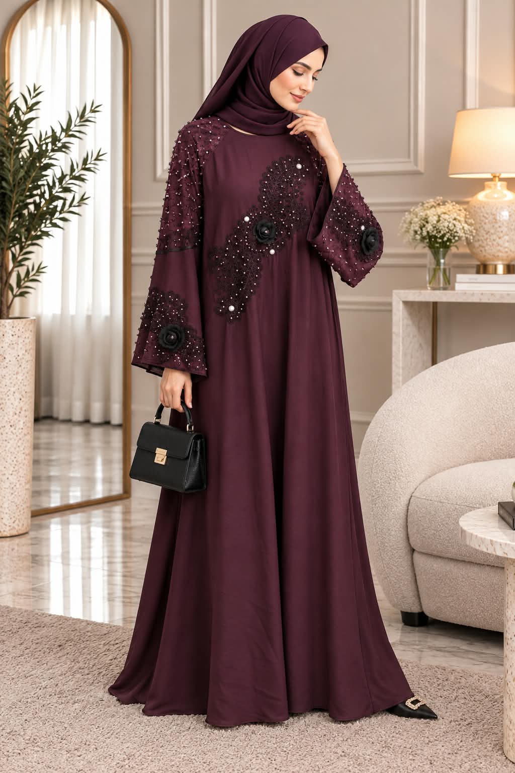 029 - AATIKA STONE WORK ABAYA | WINE
