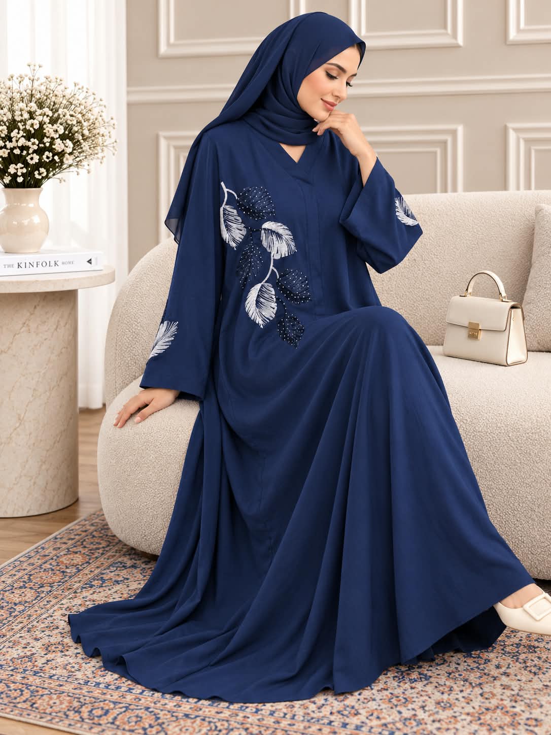 034 - ELAF STONE WORK ABAYA | NAVY BLUE