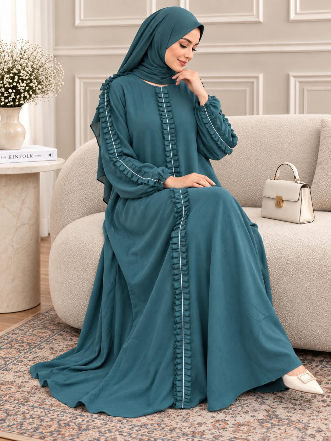 037 - NASREEN LASTIC SLEEVE ABAYA | TEAL