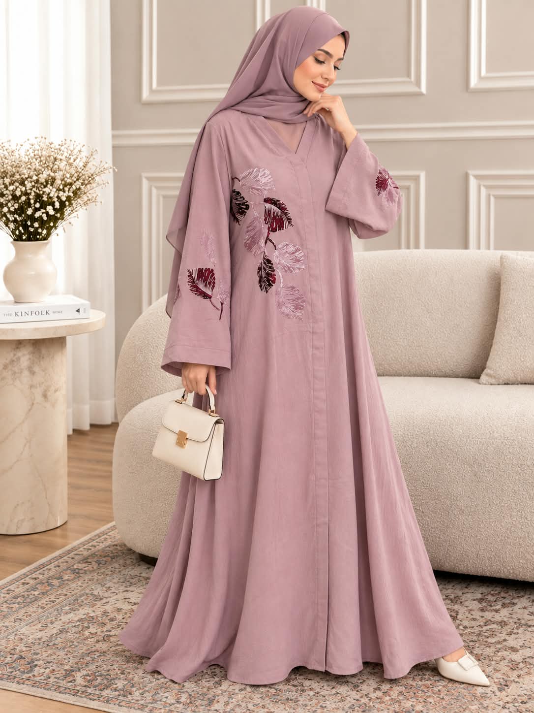 038 - ELAF STONE WORK ABAYA | LITE PINK