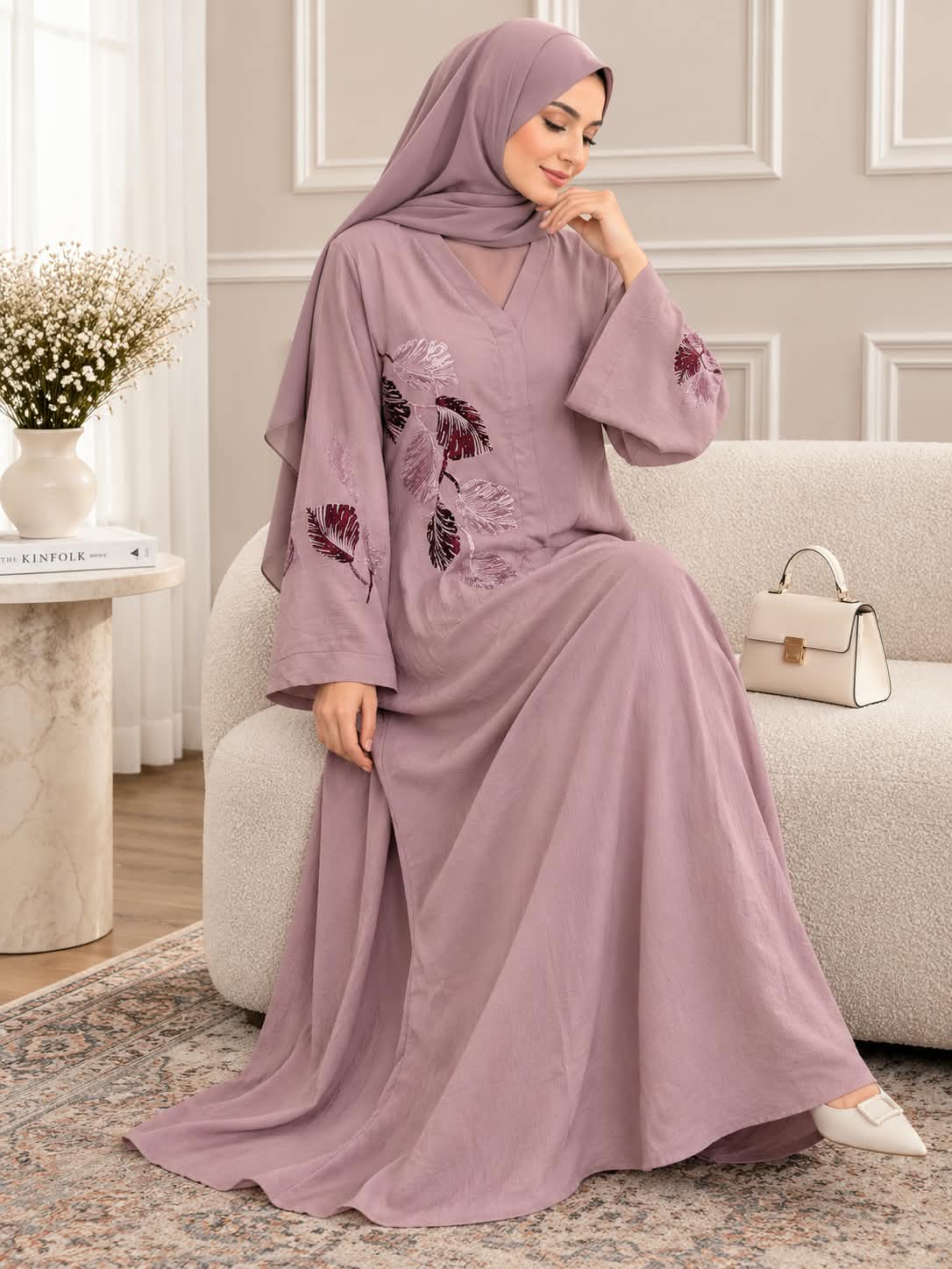038 - ELAF STONE WORK ABAYA | LITE PINK