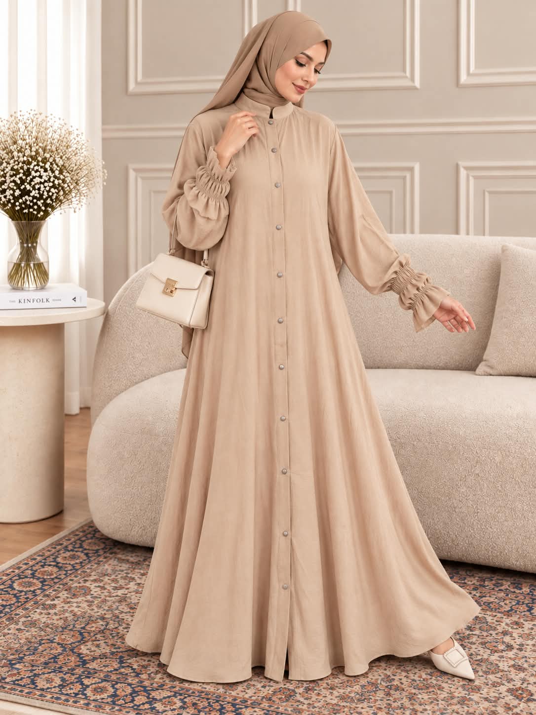040 - SABEEN BUTTON ABAYA | NUDE