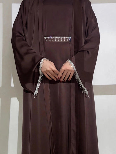 SAFFIA DOUBLE SHRUG LACE ABAYA | BROWN
