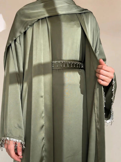 SAFFIA DOUBLE SHRUG LACE ABAYA | PISTA GREEN