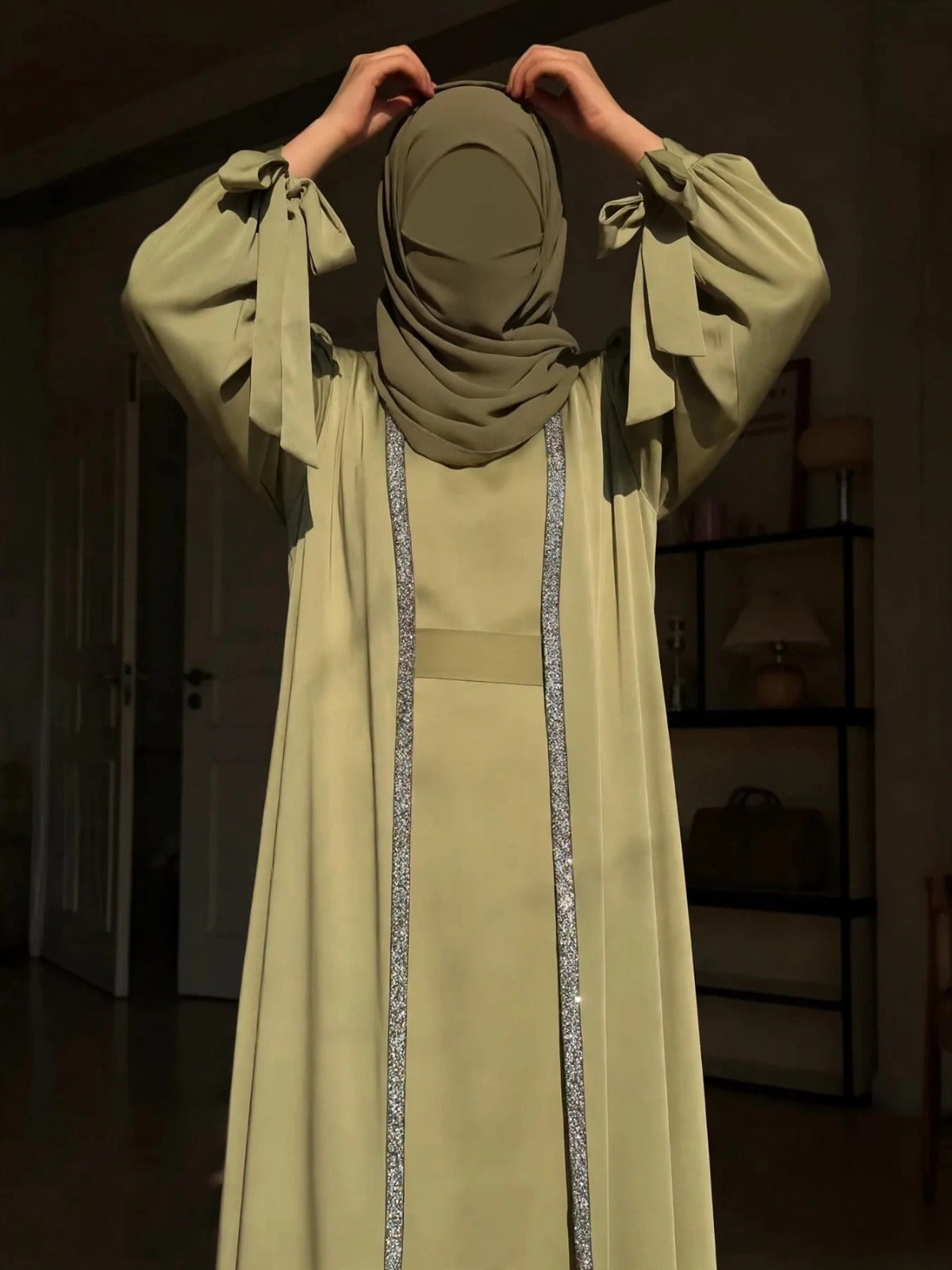 BISMA DOUBLE SHRUG ABAYA | PISTA GREEN